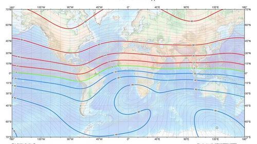 inclinaisons du champ magnétique sur la surface de la terre de 