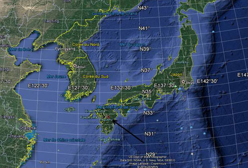 Carte Google du Levant : le Japon et le site de Kyushu